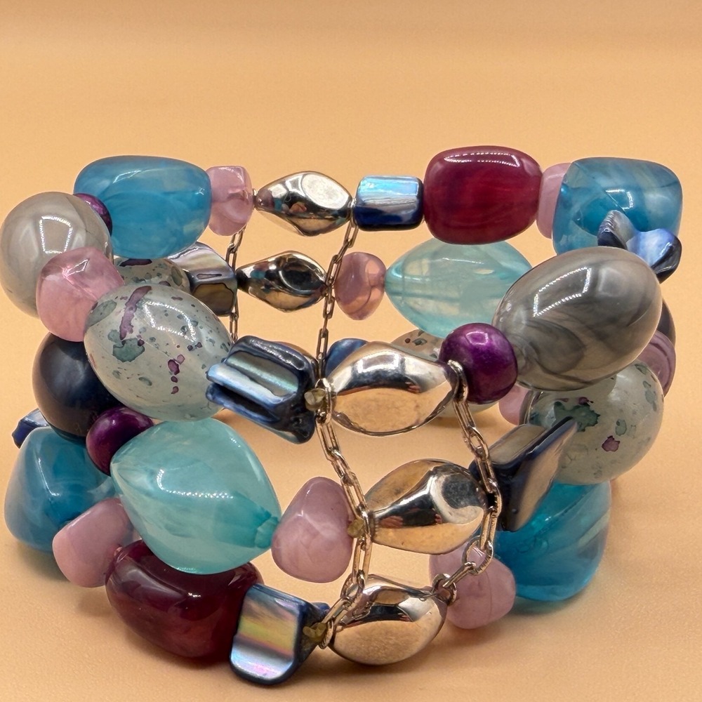Chunky Multi Strand Bead Bracelet Aqua Teal Pink Silver Tone Boho Y2K Statement